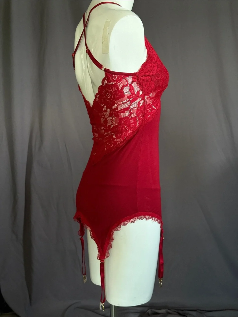Frederick's of Hollywood Red Lace Garter Chemise set